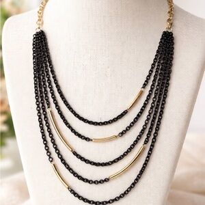 Black Multi Strand Chain Gold Bar Accents 22” Layered Statement Necklace Modern